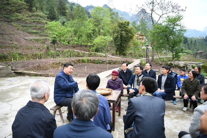 2019年4月15日至17日，中共中央總書(shū)記、國(guó)家主席、中央軍委主席習(xí)近平在重慶考察，并主持召開(kāi)解決“兩不愁三保障”突出問(wèn)題座談會(huì)。這是4月15日下午，習(xí)近平在石柱土家族自治縣中益鄉(xiāng)華溪村同村民代表、基層干部、扶貧干部、鄉(xiāng)村醫(yī)生等圍坐在一起，共話脫貧攻堅(jiān)。新華社記者 謝環(huán)馳 攝
