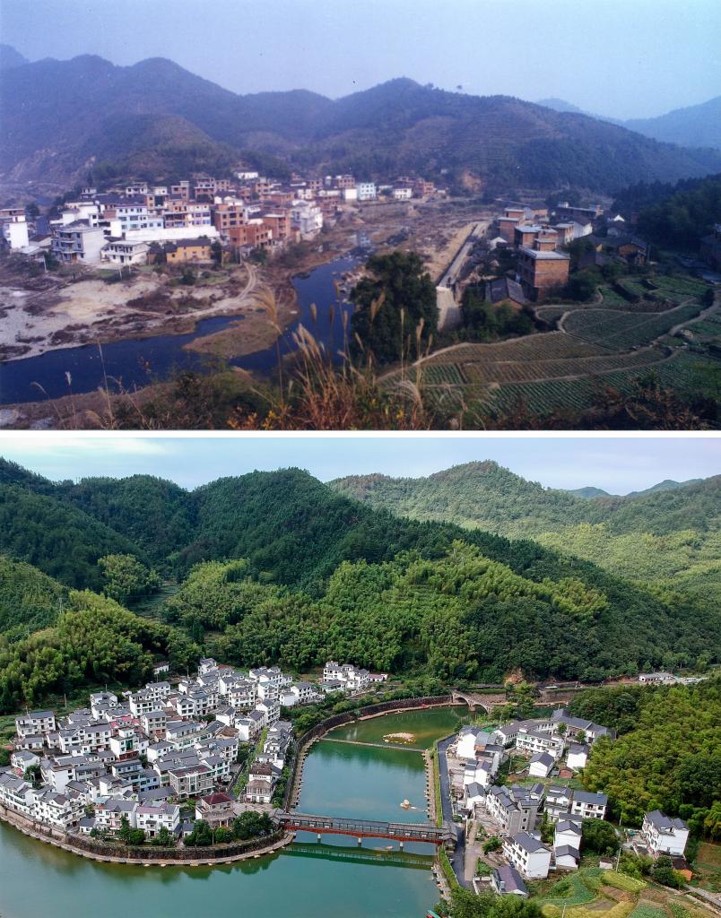 圖為浙江省杭州市淳安縣楓樹嶺鎮(zhèn)下姜村拼版圖，其中上圖為資料照片、下圖由新華社記者張鋮攝。